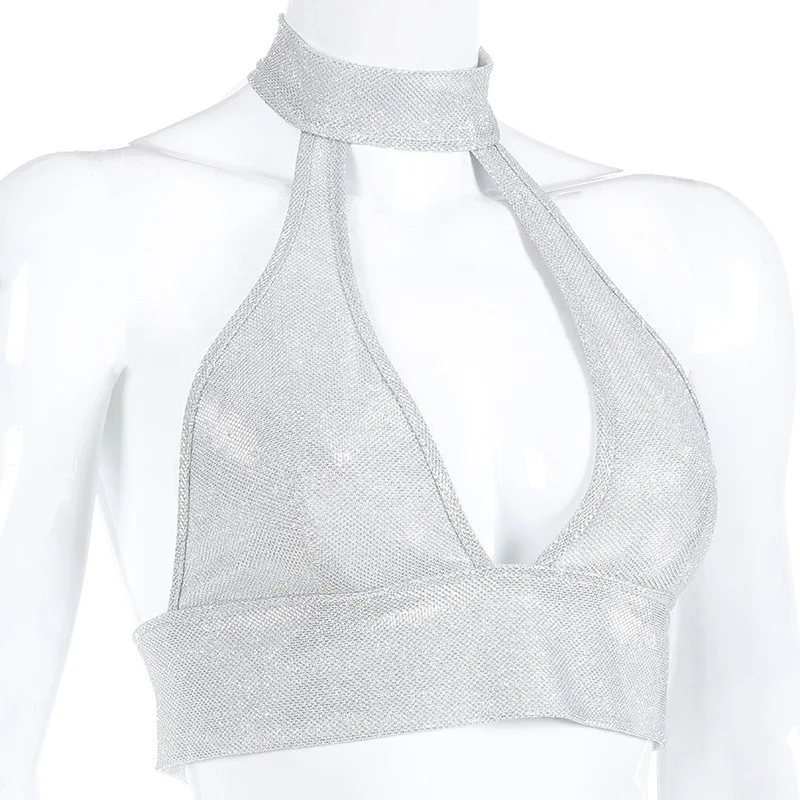 Women Halter Glitter Silver Silk Bandage Sexy Top Turtleneck Off The Shoulder Club Tee Front Hollow Out Backless Shirt | Женская одежда