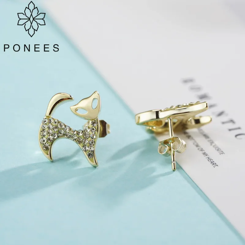 PONEES Elegant Jewelry Gold Color Cute Cat Stud Earrings For Women Brand Fashion Ear Full Of Crystals Gift | Украшения и