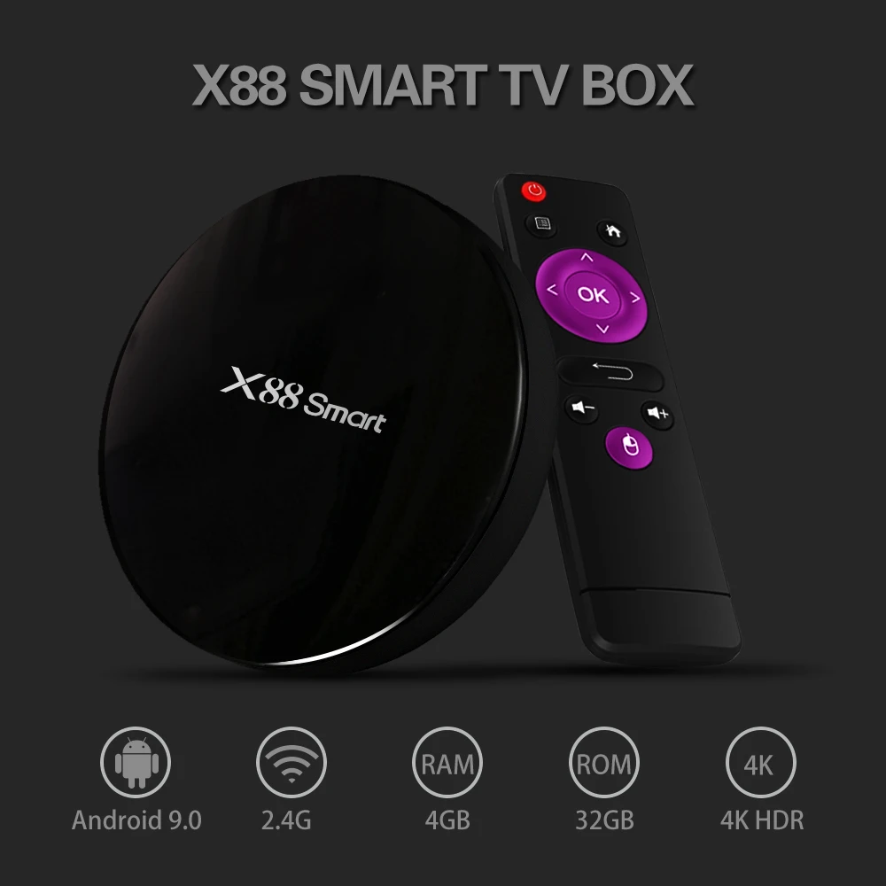 X88 Смарт ТВ коробка Android 9 0 телеприставка RK3328 4G + 32G H.265 4K HDR видео декодер 2 Wifi