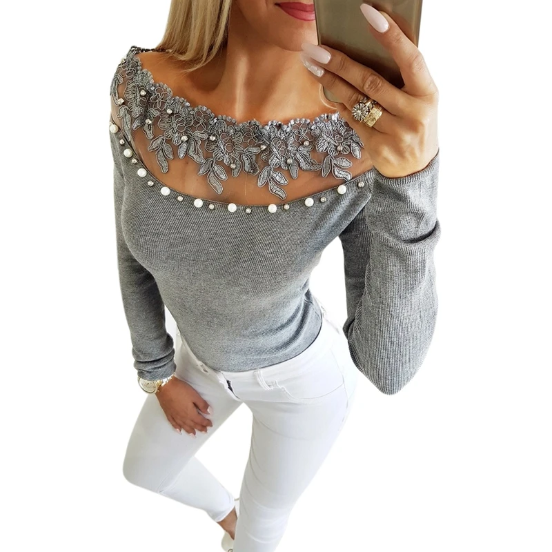 Fashion Solid Knit Lace Patchwork Top Pearl Off Shoulder Blouse Long Sleeve Hollow Out Elegant Slim Tops Female | Женская одежда