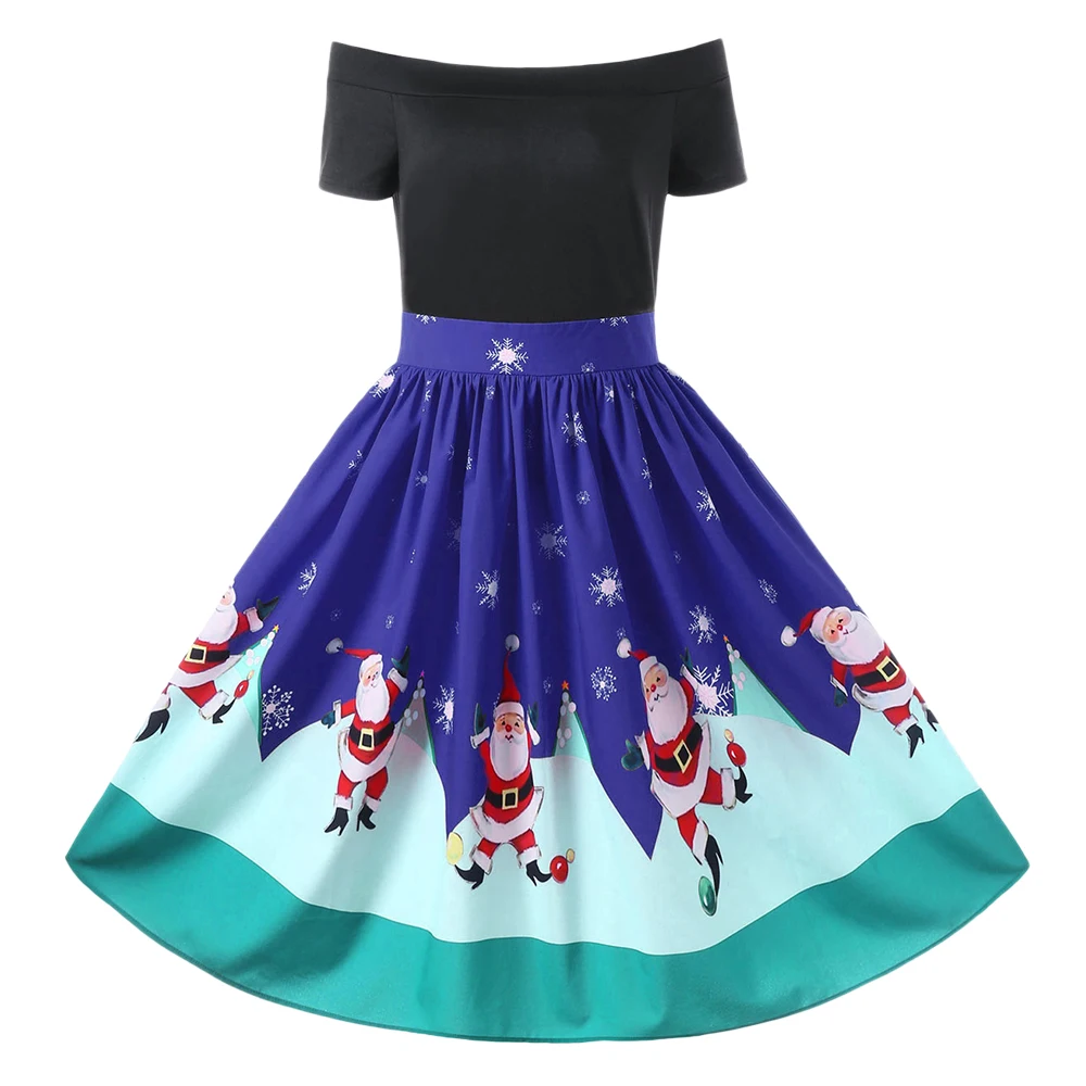 LANGSTAR Демисезонный платье Для женщин рождественские Off The Shoulder Swing Dress Винтаж