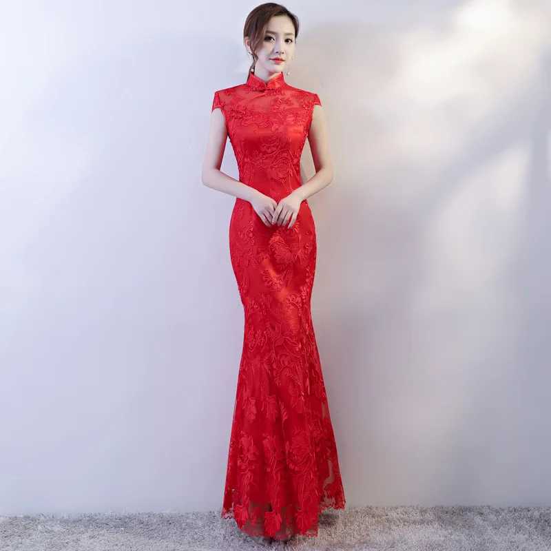 

Red lace Bride wedding Cheongsam Dress long qipao girl chinese traditional chipao Berserk Clearance