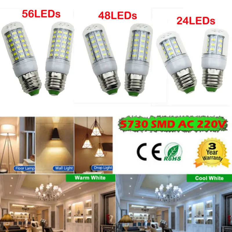 1 шт. E27 24/48/56 светодиодный s 220V 5730 SMD Светодиодная лампа светильник LED Теплый/белый