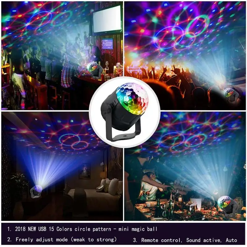 15 Colors LED IR Remote RGB Crystal Magic Rotating Ball Stage Lights USB 5V Colorful ktv DJ light disco Music control | Лампы и