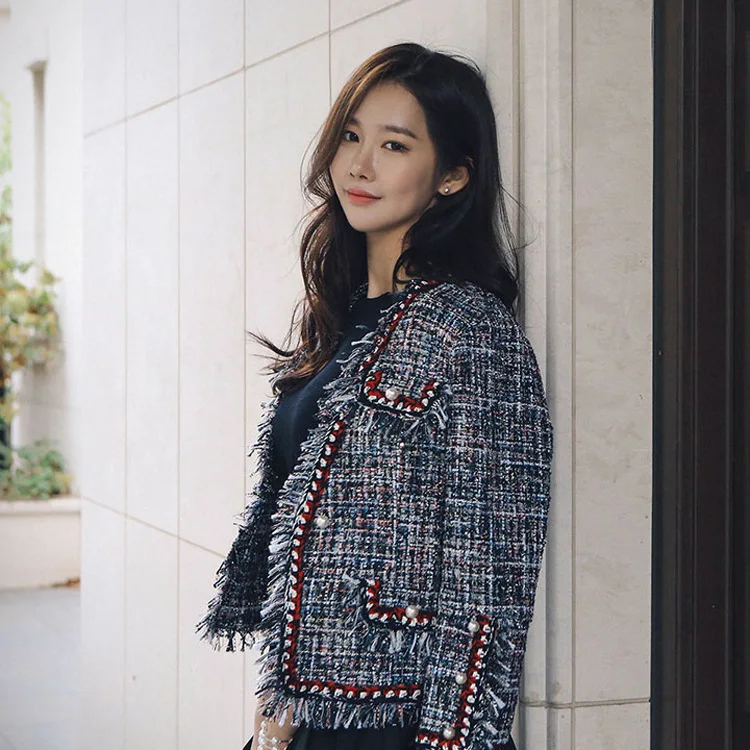 Fashion Runway Tweed Jacket Coat 2018 Autumn Winter Women Fringed Trim Long Sleeves Vetement Femme Front Pockets With Pearls | Женская