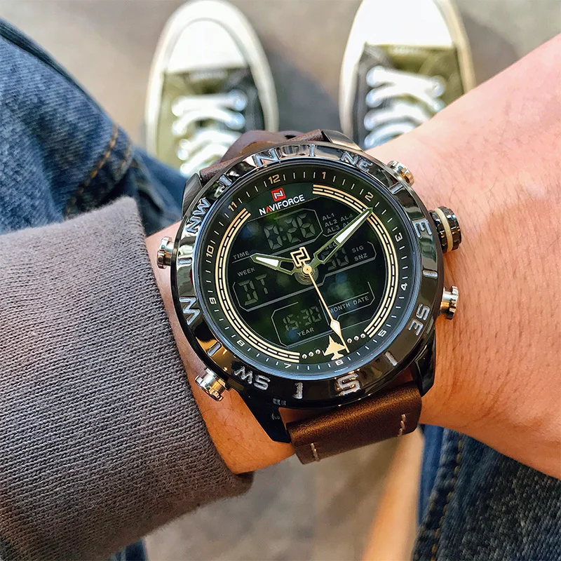 

NAVIFORCE 9144 Fashion Gold Men Sport Watches Mens LED Analog Digital Watch Army Military Leather Quartz Watch Relogio Masculino