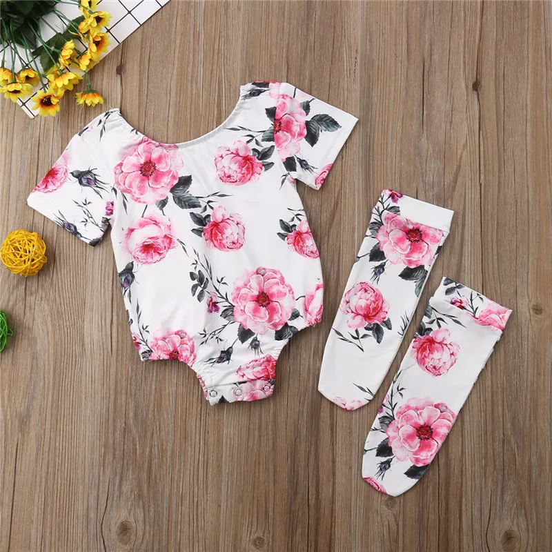 Newborn Toddler Baby Girls Floral Romper Short Sleeve O-Neck Printed Rompers+ Socks 2PS Jumpsuit Outfits Summer Clothes | Детская одежда