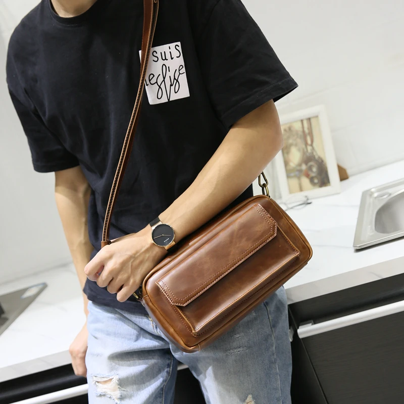New Fashion Men Crzy Horse Leather Chest Waist Band Travel Small Single Shoulder Bad High Quality College Student Boy Daypack | Багаж и