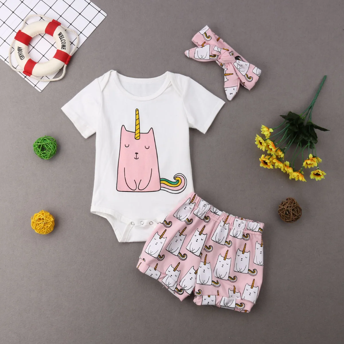 0-3Y Summer Cute Infant Kids Baby Girls Boys Clothes Sets Cartoon Print Short Sleeve Romper Tops+Shorts+Headband | Детская одежда и
