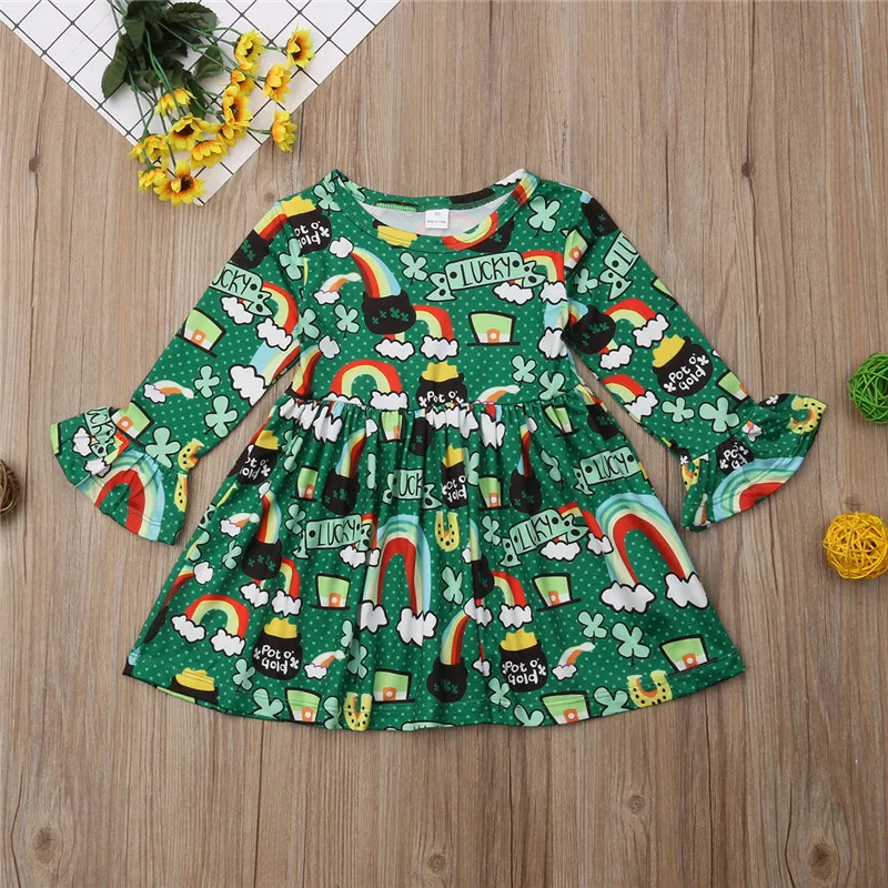 Christmas Princess Baby Girl Dress Flare Long Sleeve Ruched Cartoon Printing Party Clothes Fashion Kids Costume | Детская одежда и