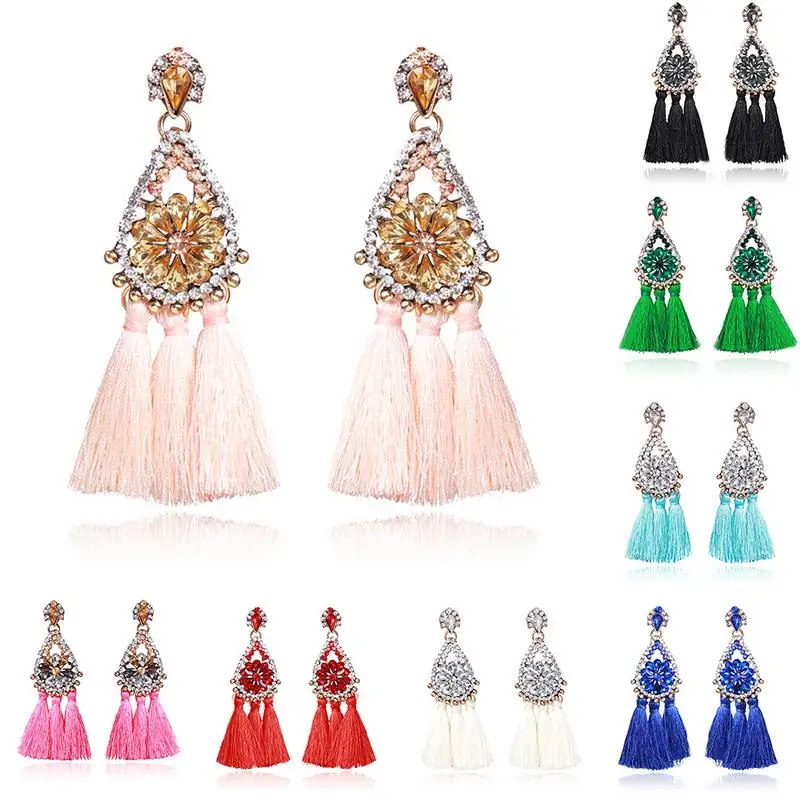 Винтажные длинные висячие серьги с кисточками женские бусинами 8 цветов на выбор