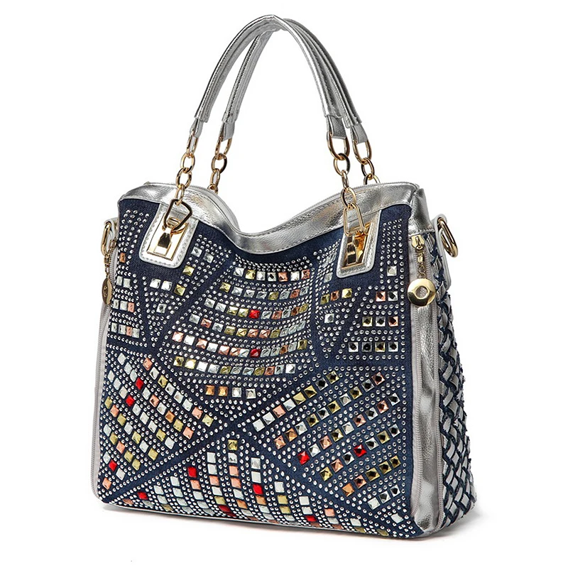 2019 qian yi yuan fashion brand luxury bag designer handbags high quality gold diamante woven denim bags shipping | Багаж и сумки