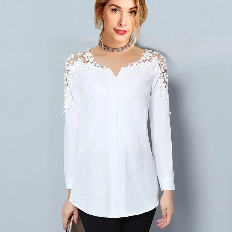 DAYIFUN Womens Tops and Blouses 2020 Patchwork Lace Chiffon Blouse Women Hollow Out Long Sleeve Shirt Ladies 7254 | Женская одежда