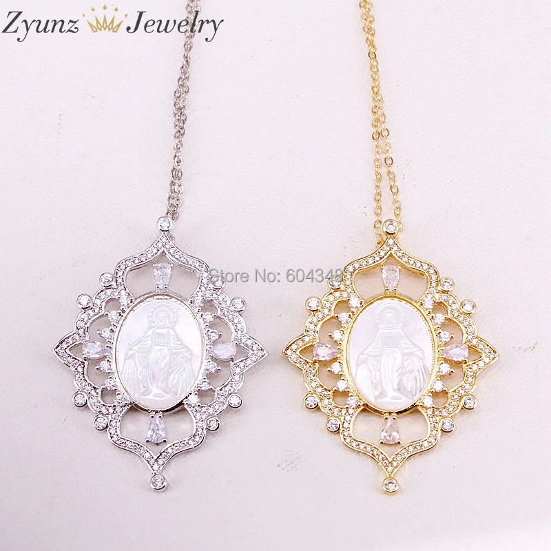 5 нитей ZYZ323 8697 CZ micro Pave Oval Mary Jesus MOP shell Focal ожерелье Белый Золотой/Серебряный цвет