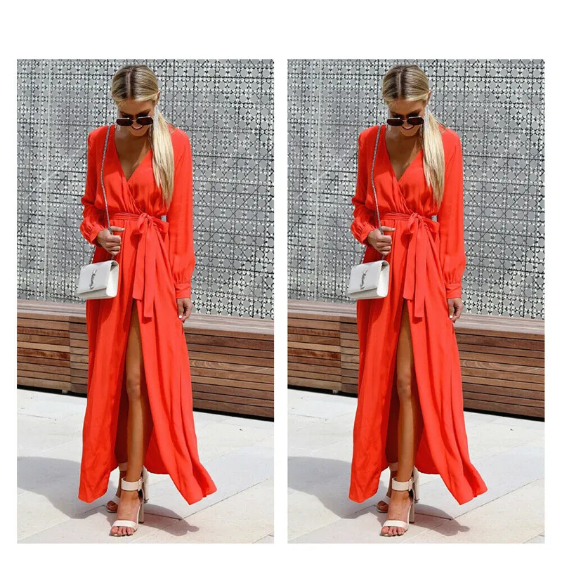 Женское длинное платье Boho Пляжное Платье до щиколотки с треугольным вырезом и