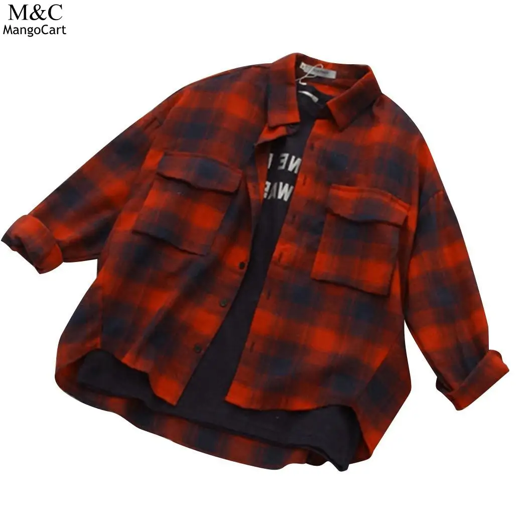 Plaid Shirt Long Large Sleeve Buttons BF Front Women Blouses Style Casual Shirts pockets 2018 Cotton |