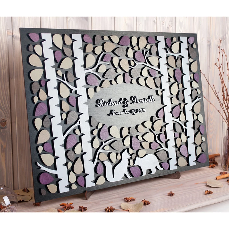 Лес Животные Дерево свадьба 3D книга гостя альтернатива Березовая роща енот и