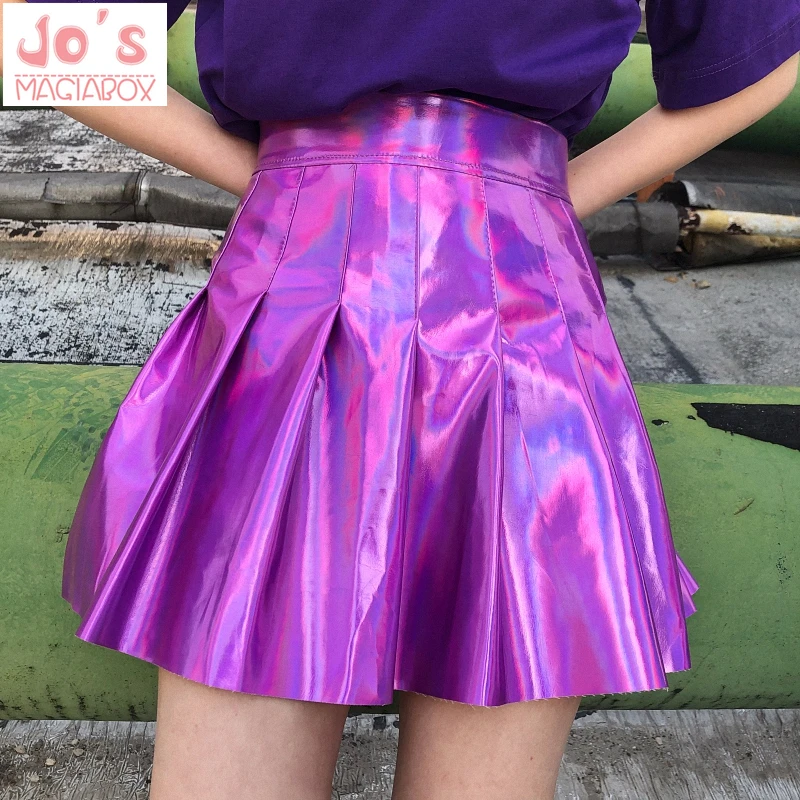 

Holographic Pleated Skirts Women PU Solid Harajuku Casual Sexy Laser Hight Waist Mini Short Skirt Women Rainbow
