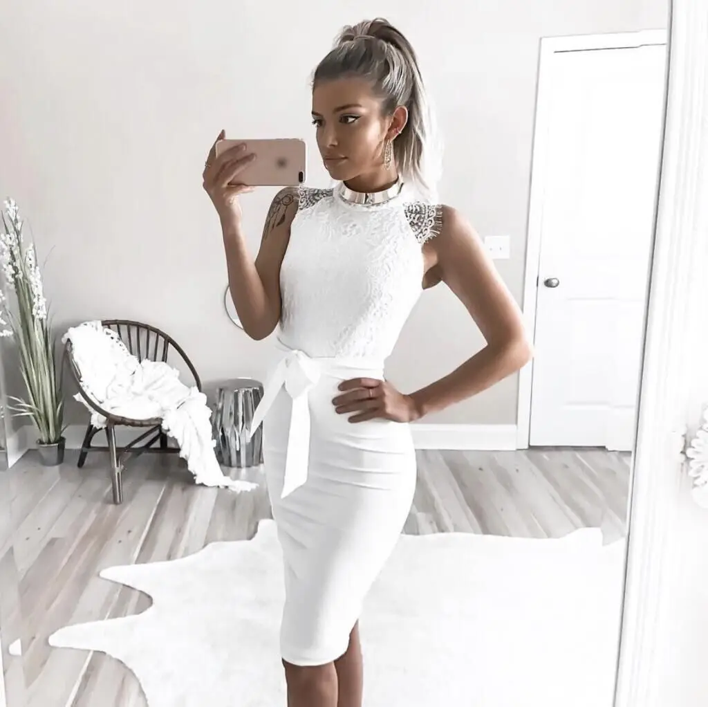 2019 New Brand Cotton Lace Women Sleeveless Dress Bridesmaid Wedding Party l Mini Pencil | Женская одежда