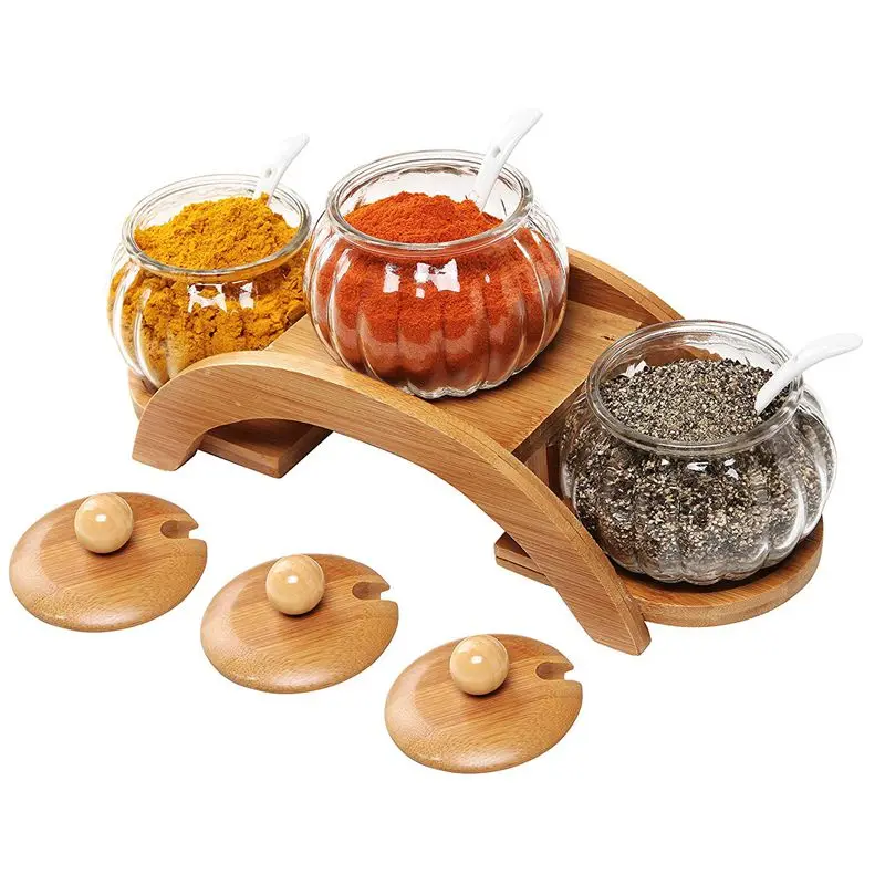 (set of 3) clear glass seasoning jar creative spice box and 2-layer wooden display stand |