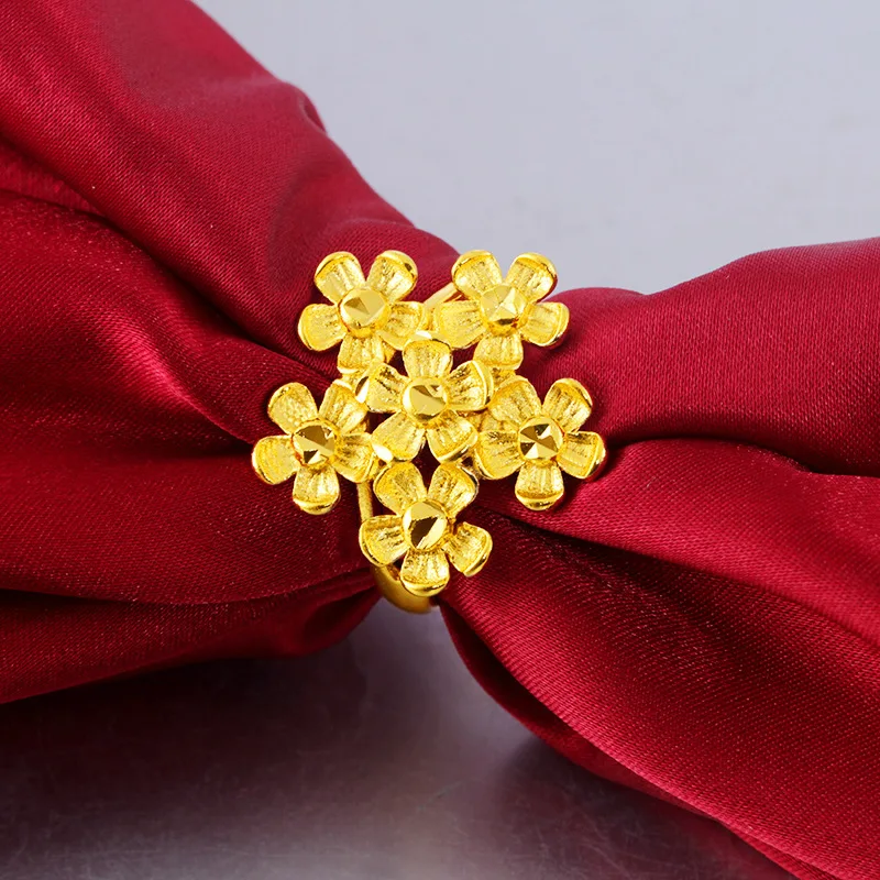 

24k Vietnam Alluvial Gold Women Ring Delicate 3D Plated Flower Rings Adjustable Designs Jewelry