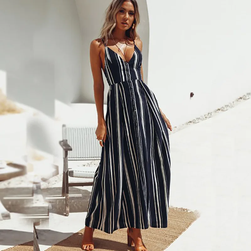 Женское длинное платье в полоску без рукавов sommerkleid rockabilly лето 2019|Женские платья|