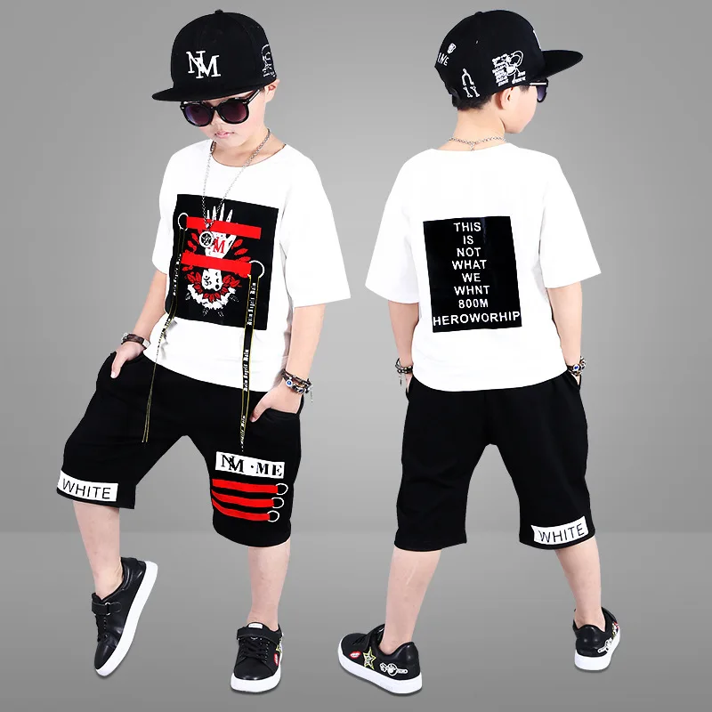 2018 New Children's Cool Hip Hop Dance Clothes Set Kids Performance Cotton Short Sleeve Pattern Belt T-shirt+Short Pants Suits | Детская