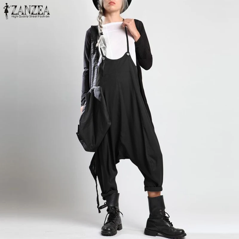 Fashion ZANZEA Women Summer Strappy Solid Drop Crotch Jumpsuits Casual Loose Playsuits Rompers Ladies Party Suspenders Overalls |