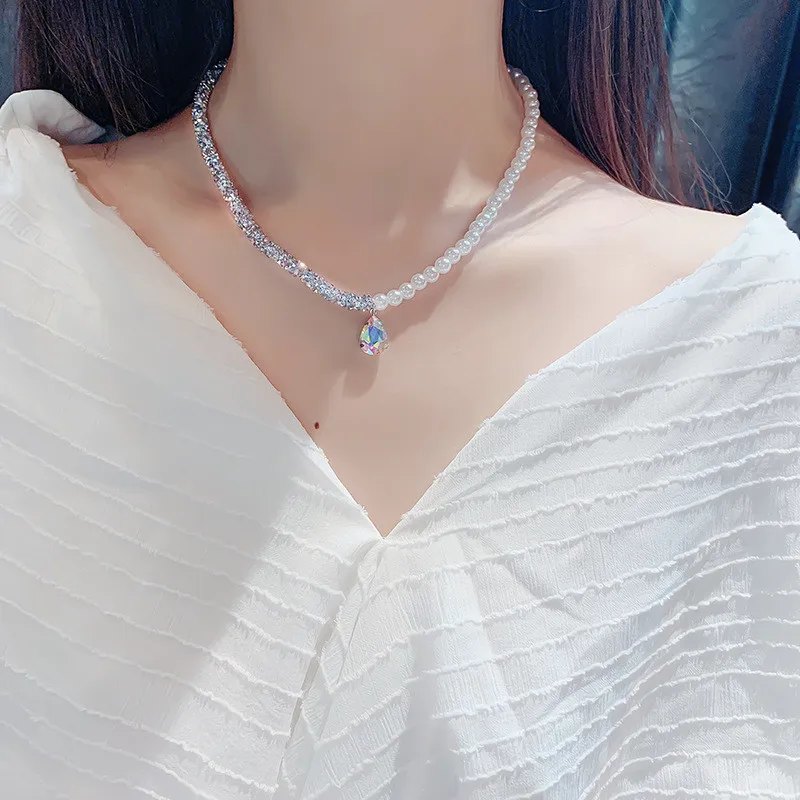 

FYUAN Simulated Pearl Choker Necklaces for Women Bijoux Colorful Water Drop Crystal Pendant Necklaces Statement Jewelry Gifts