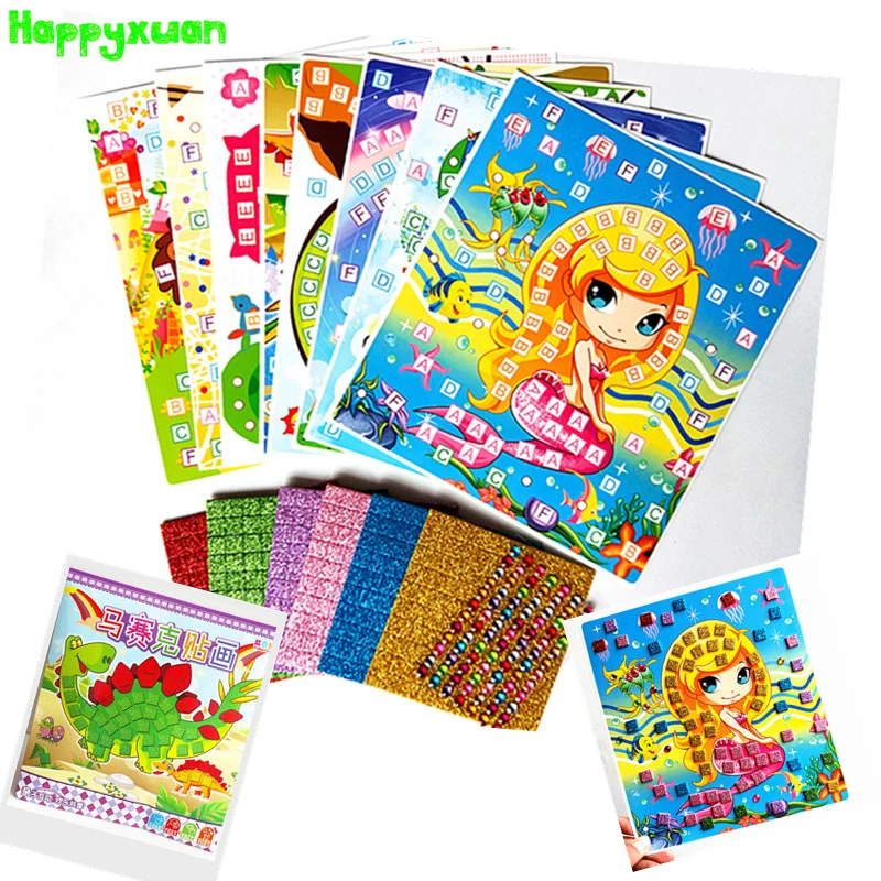 Happyxuan 8 Pictures Kid DIY Glitter Eva Mosaic Art Sticker Puzzle with Diamond Gift Set Preschool Education Creative Toy|puzzle stickers|kids