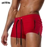 side pocket drawstring men swimsuit solid black red blue swimwear breathable swimming trunks beachwear elastic swim briefs male