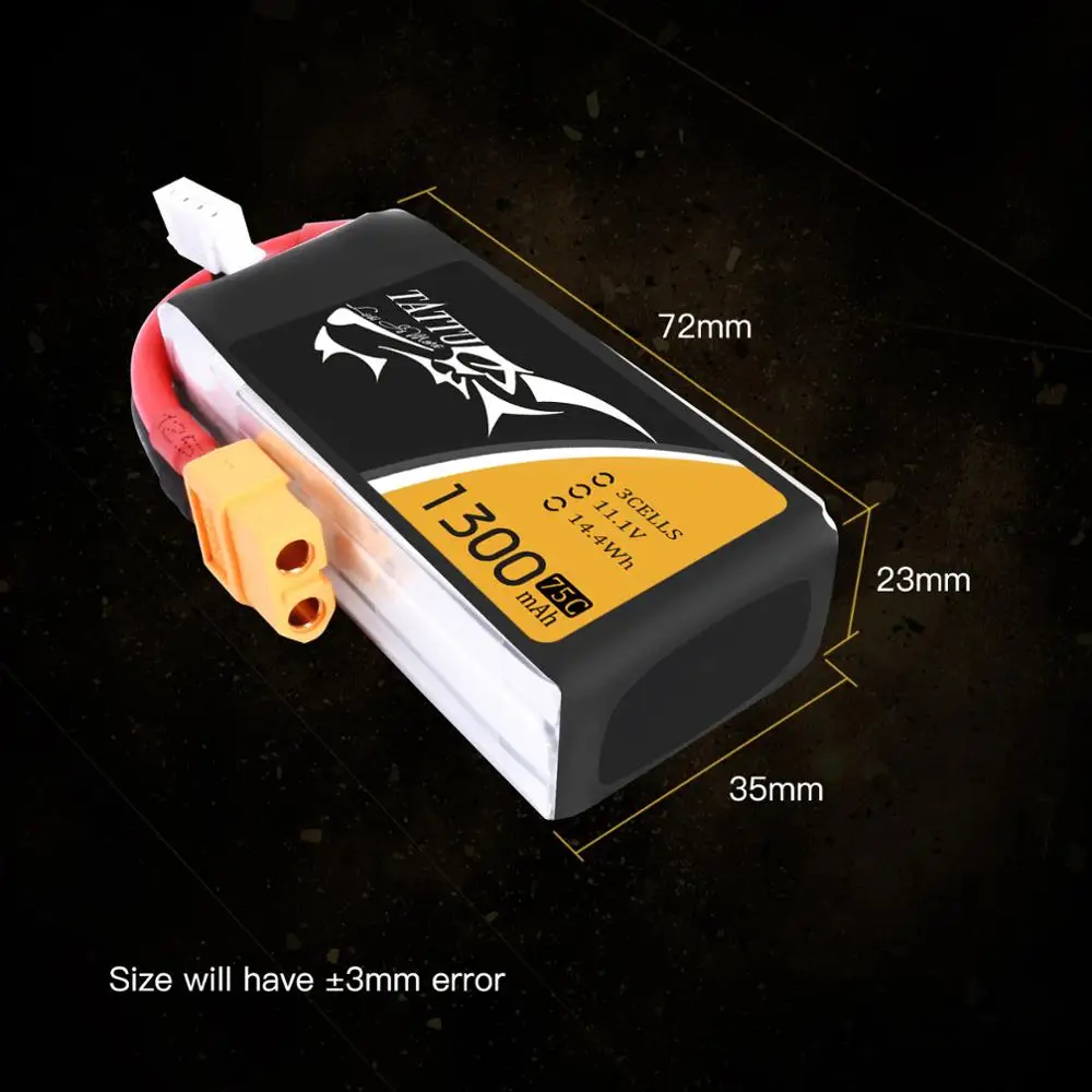 Литий полимерный аккумулятор Tattu 3S 1300mAh Lipo батарея 11 1 V FPV Дрон 75C XT60 разъем ZMR250 Qav 250