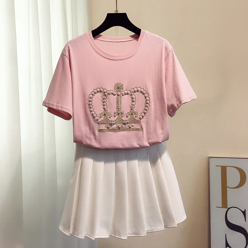 Летняя хлопковая Футболка с вышивкой короны и коротким рукавом Свободный Топ