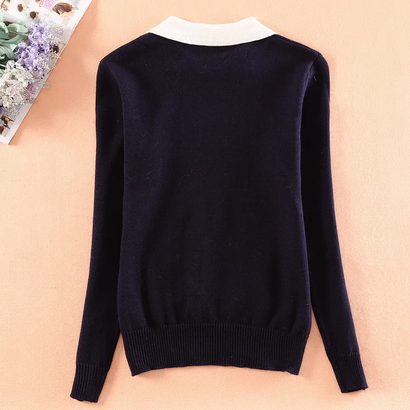 Japanese Cartoon Cat Patterned Mori Girl Navy Blue Knitted Sweater Pullover Tops | Женская одежда