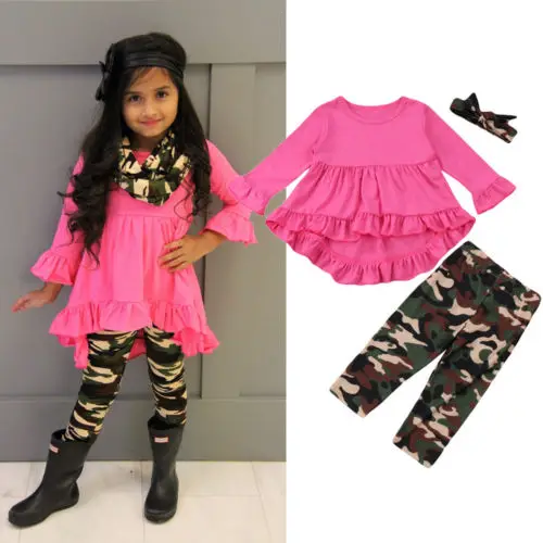 Детская камуфляжная одежда для девочек Pudcoco розовое платье + леггинсы повязка на