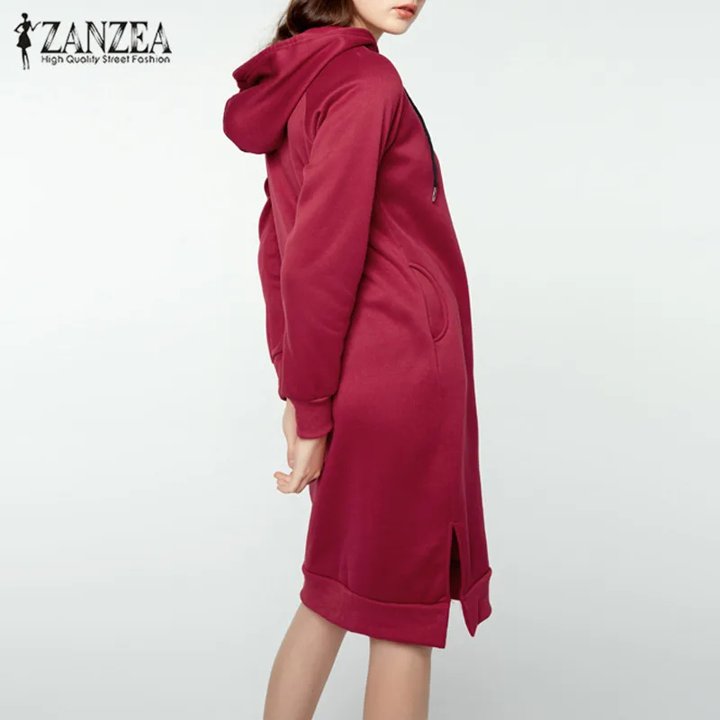 ZANZEA зимнее однотонное флисовое теплое платье Толстовка размера плюс Женская