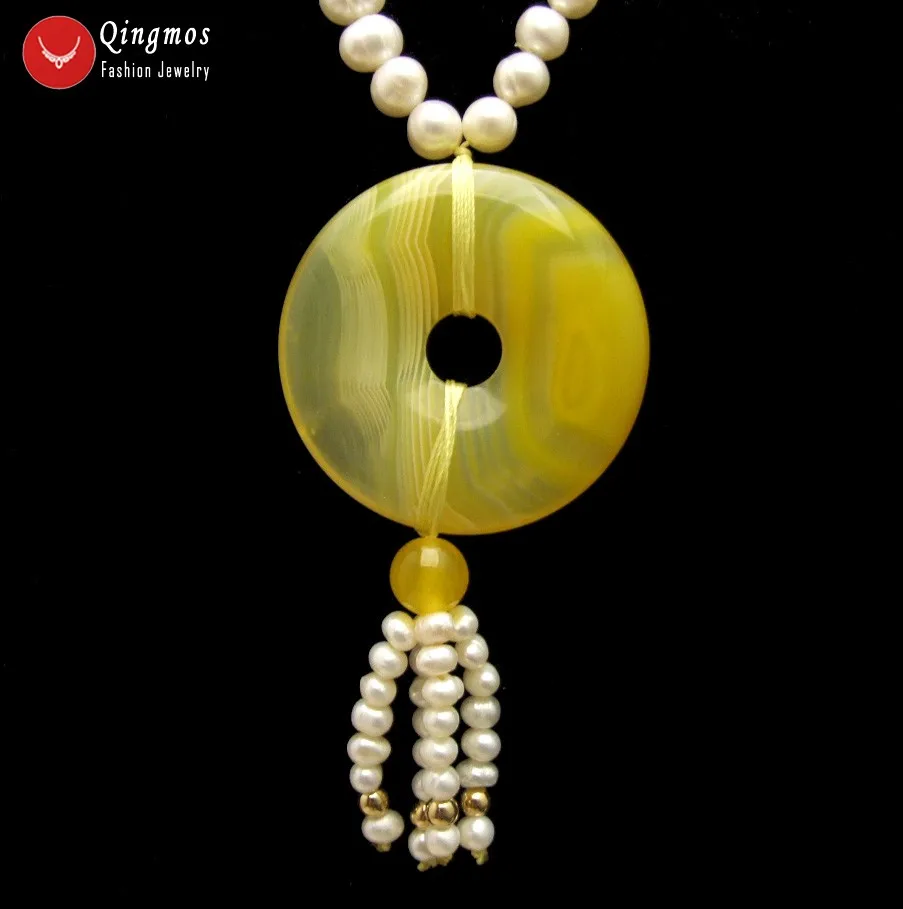 Qingmos Natural White Pearl Necklace for Women with 6-7mm Round &amp 40mm Yellow Donuts Shape Agates Pendant Jewelry | Украшения и