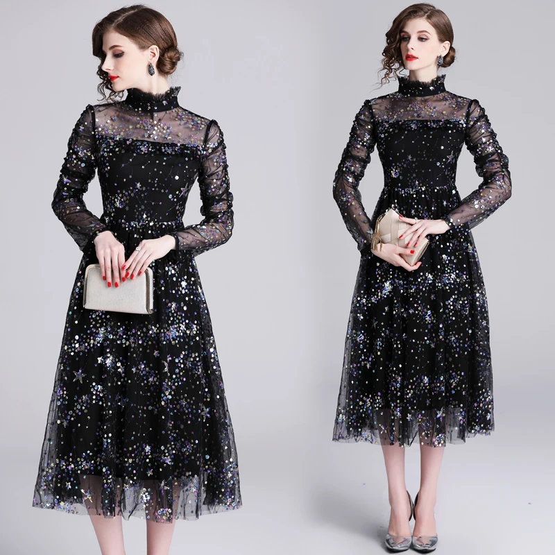 2019 New Women dress Ruffles Full Sleeve Mesh Stand Neck Slim Dresses Black Apricot 6509 | Женская одежда