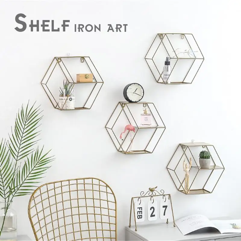 

Wall Shelf Simple Wrought Iron Hexagonal Living Room Bedroom Wall Decoration Storage Finishing Rack