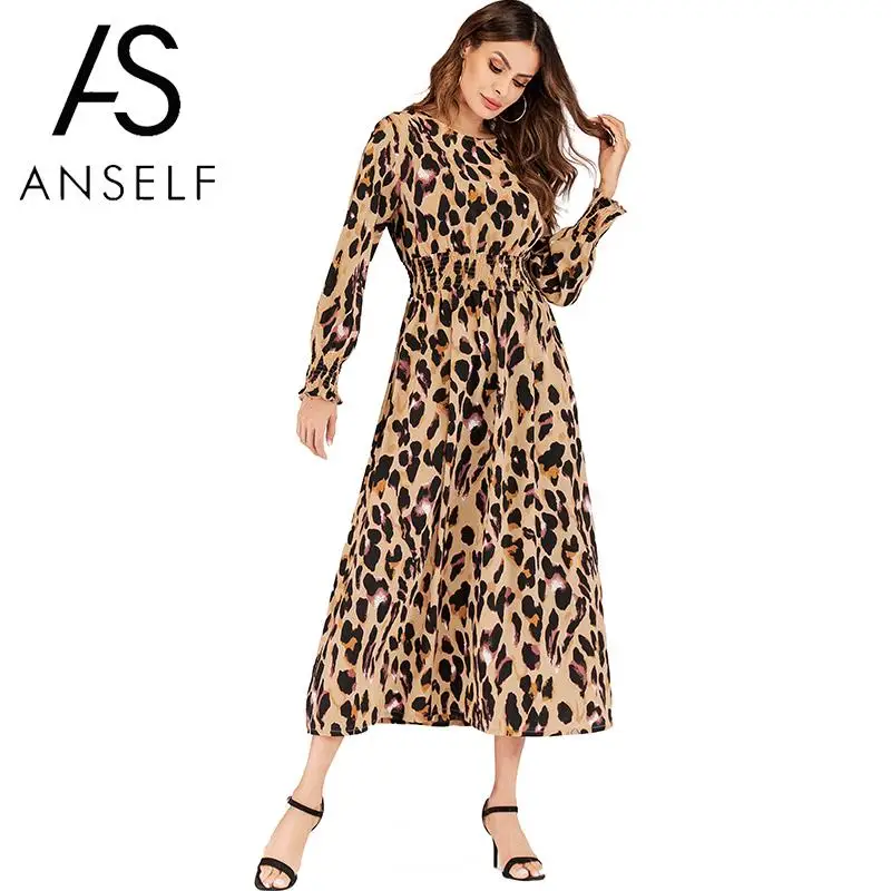 Anself женский леопардовый узор платье 2019 Осеннее шифоновое максимальная длина с