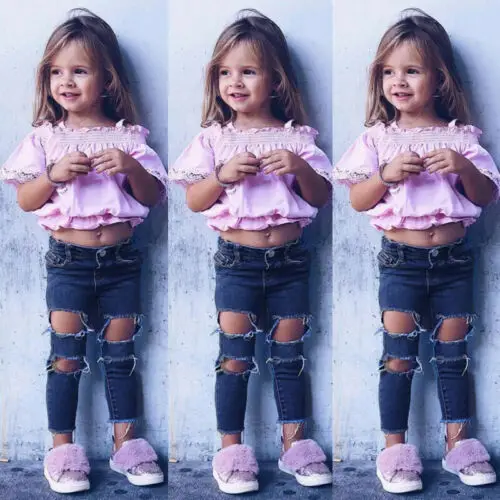 Летняя Детская летняя футболка с открытыми плечами для маленьких девочек топы