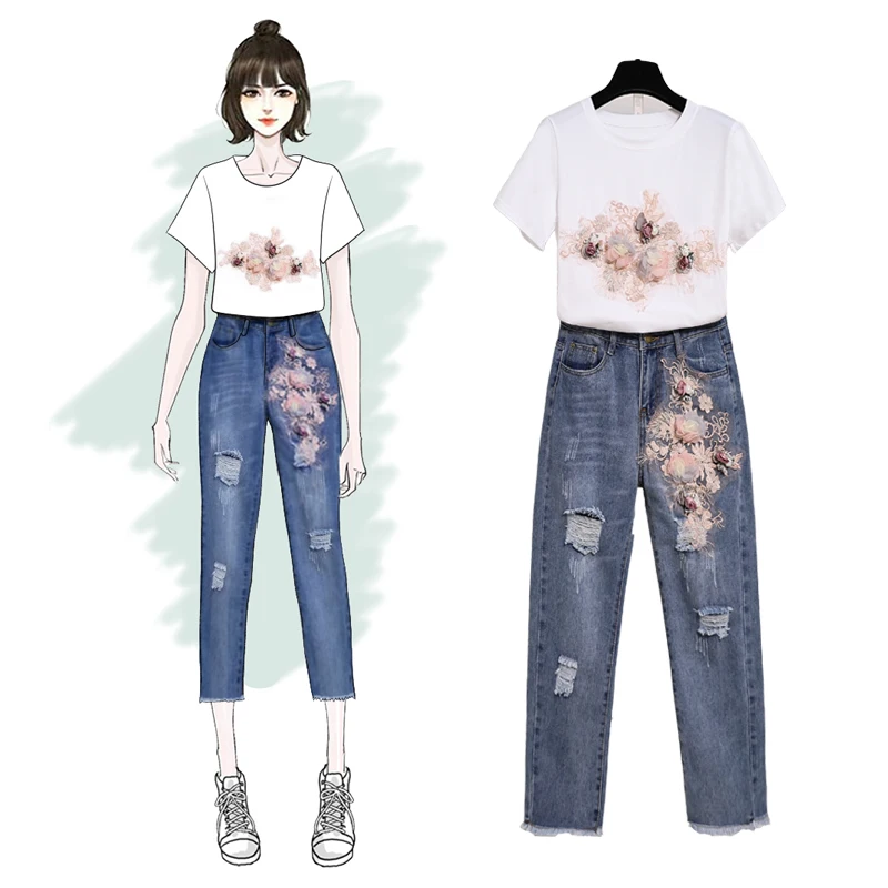 

new embroidery sequins three-dimensional flowers short sleeve T-shirt hole denim pants jeans two pcs clothing set women suits