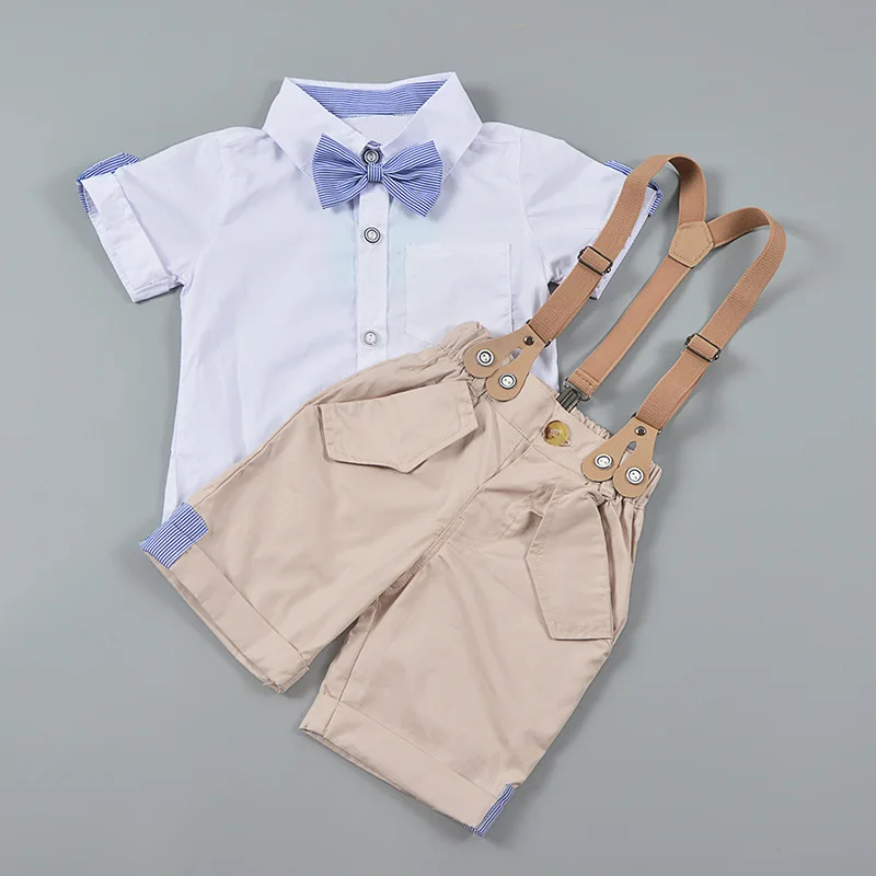 Summer style children's suit short sleeve bow-tie white shirt + suspender overalls 2 suits |