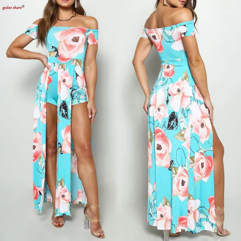 2019 Модный цветочный пляжный костюм с рисунком женская одежда короткий рукав Slash