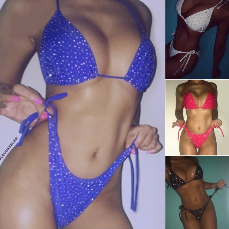Hot Sexy Thong Bikinis Women Diamond Crystal Micro Bikini Set Push-Up Bandage Adjustment Swimwear Swimsuit Bathing Suit Biquini | Женская
