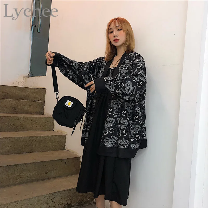 Harajuku с принтом в виде дракона Кардиган женские блузки кимоно длинным рукавом 2019