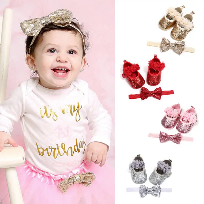 Baby Girl Shoes+Headband Moccasin Infant Toddler Floral Bling Wedding Party Prewalkers |