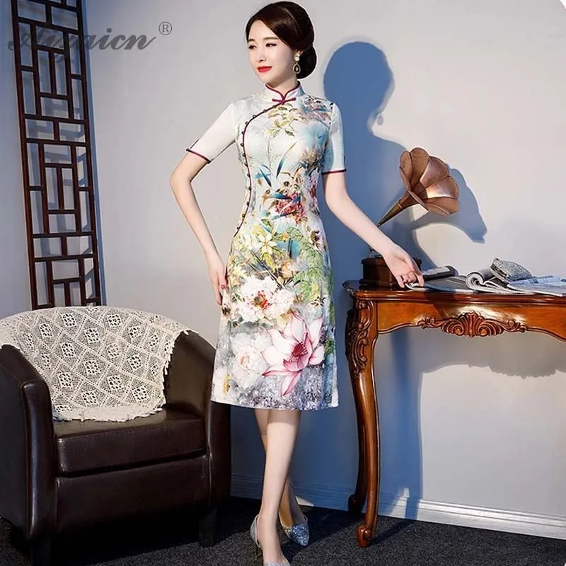 Летнее Новое китайское длинное платье Ципао с принтом традиционное в восточном