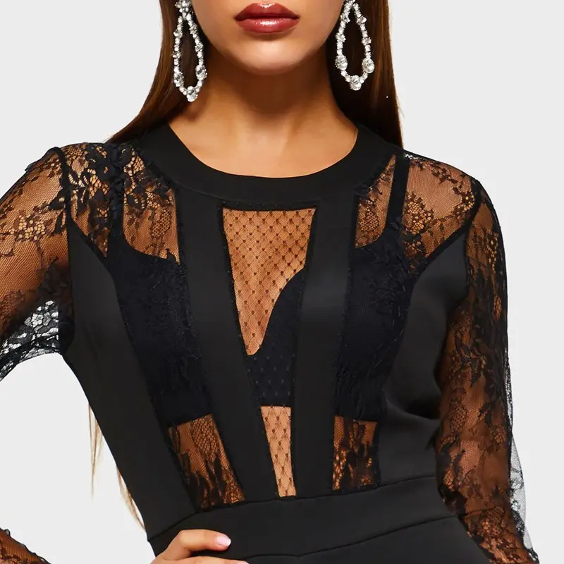 Сексуальный комбинезон Для женщин весенние Черные Кружева See Through сетки