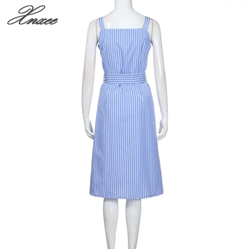 Женское праздвечерние чное синее платье в полоску без рукавов соблазнительное